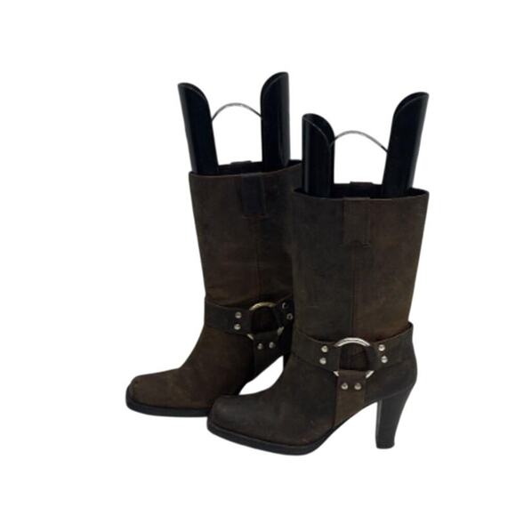 Brown Leather Harness Heeled Western Boots 7.5